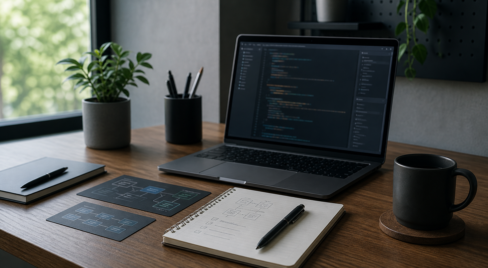 A clean technical workspace with a laptop, notebook, and system diagram cards.